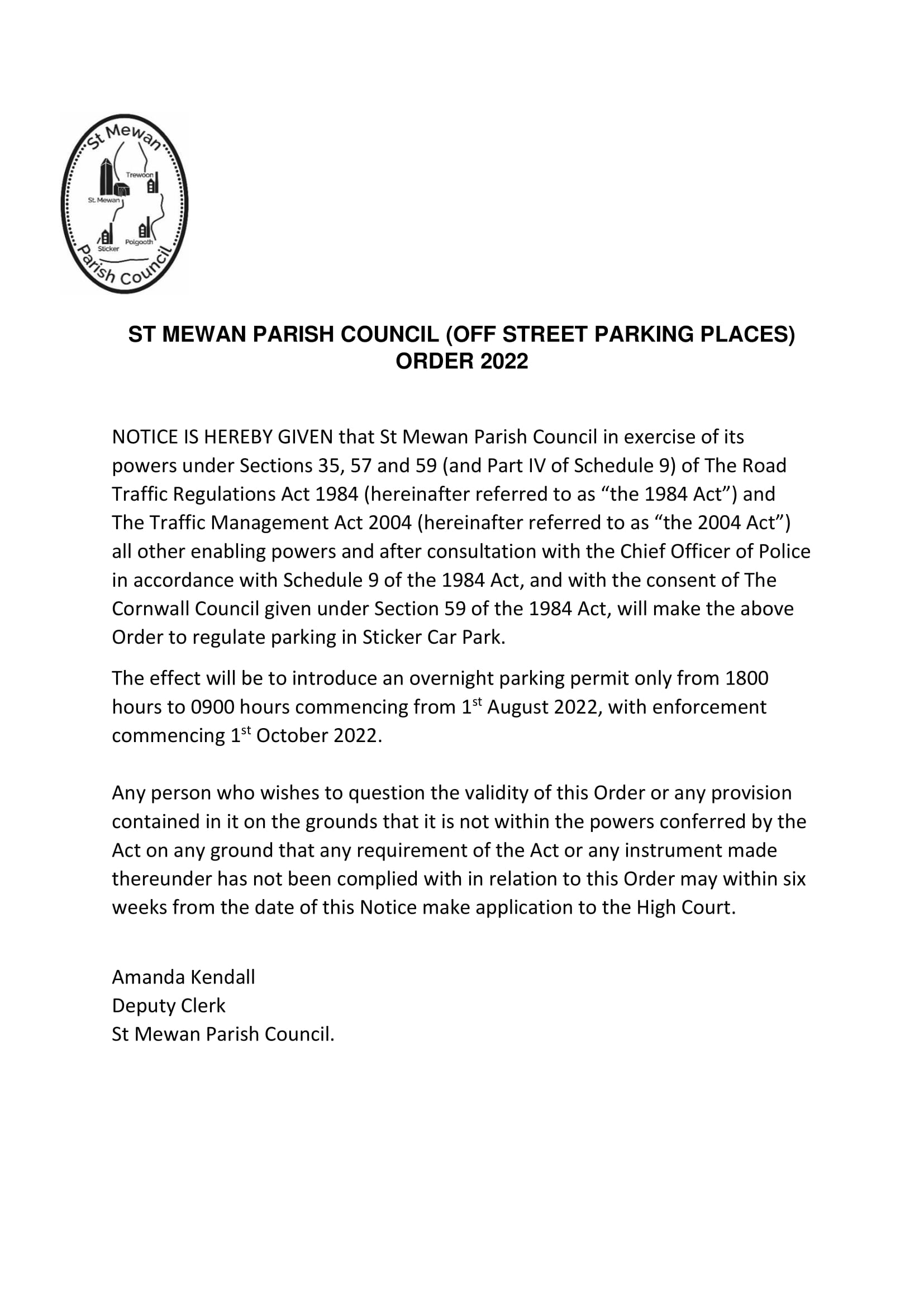 St Mewan Parish Council Parking Order