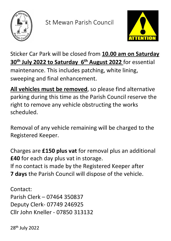 Temporary Closure of Sticker Car Park 